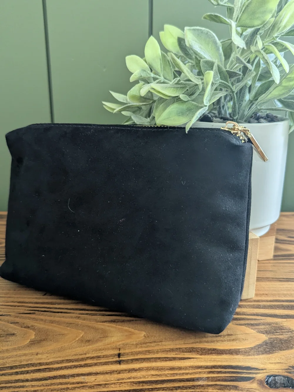 Black Pearl-Stud Suede Wristlet -